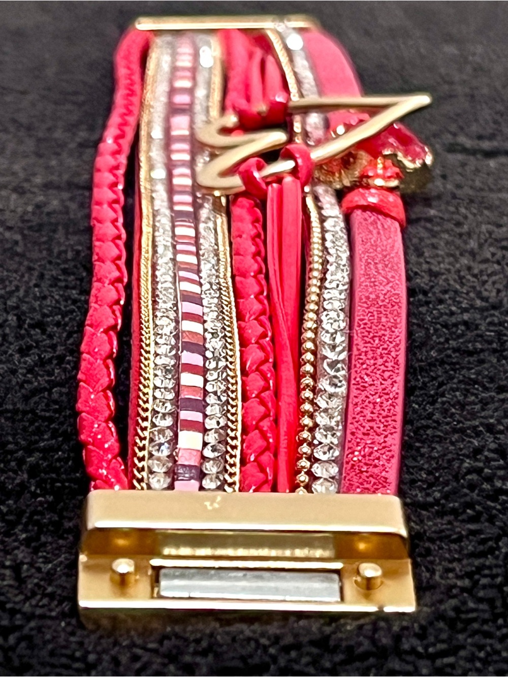 Boho Red Layered Leather Cuff Boutique Magnetic Bracelet Gold Heart Druzy Clasp - Picture 4 of 5